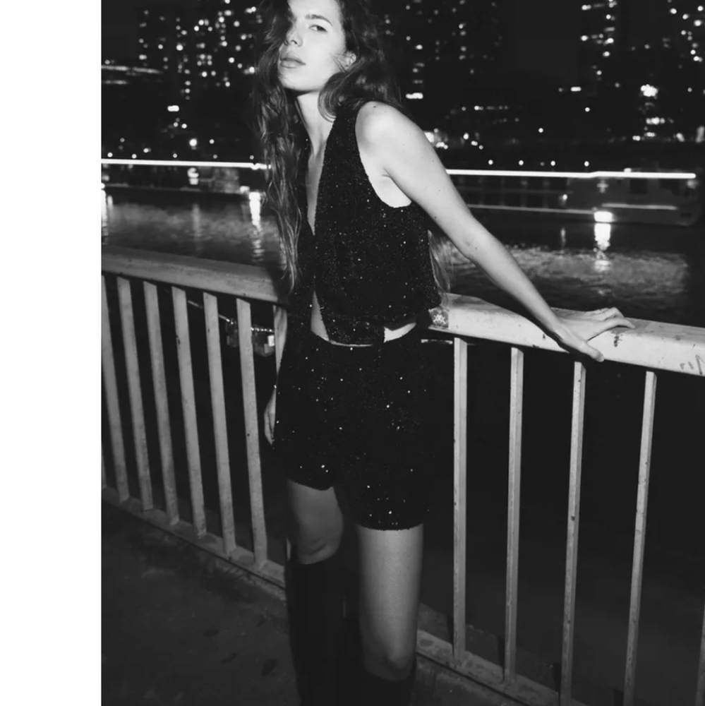 NWT ZARA BLACK SEQUIN HIGH WAISTED SHORTS - Picture 4 of 6